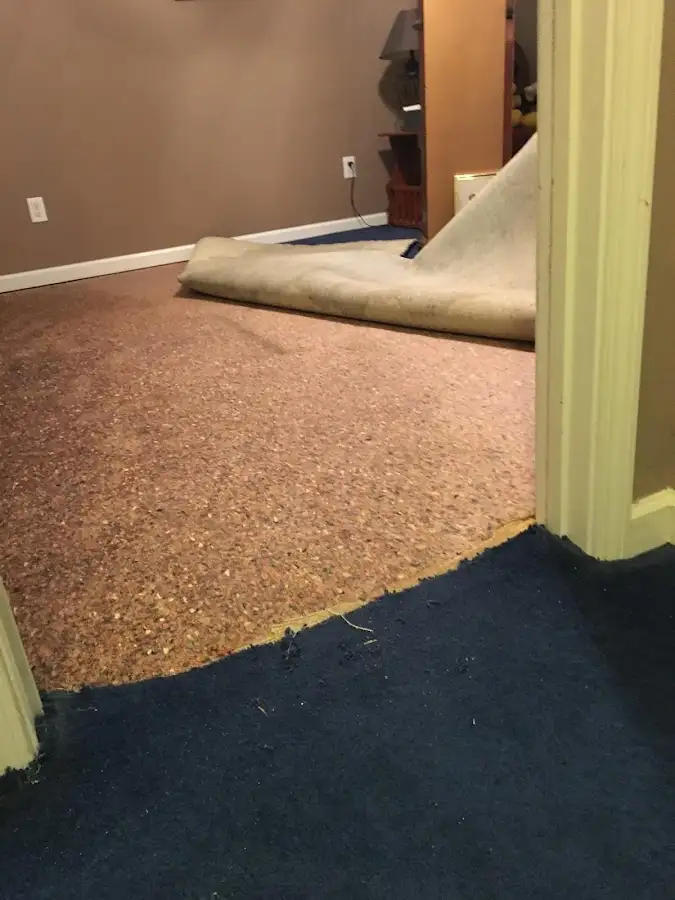Carpet pad removal revealing water damage during Water Mitigation Services in West Bradford